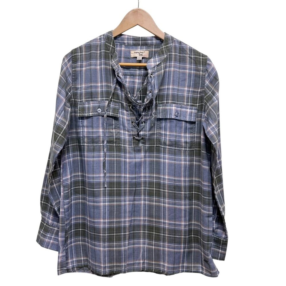 Triple Five Soul Gray Green Flannel Lace Up Front Long Sleeve Top Size L
